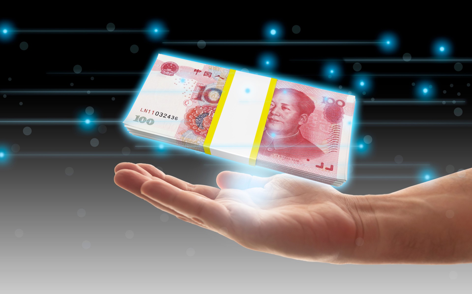 FinTech, Financial Technology Concept, Yuan Banknote made with digital data